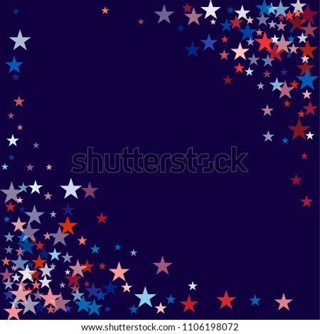 patriotic american stars confetti. USA Presidents day banner background. backdrop Vector Illustration, Blue and Red 4th of July Stars sparkles isolated on white.