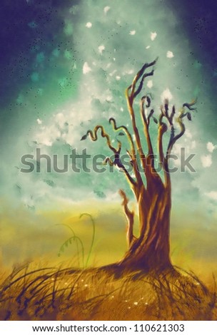 lone oak tree. watercolor