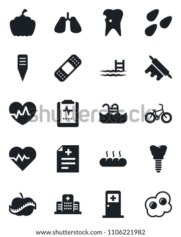 Set of vector isolated black icon - medical room vector, plant label, pumpkin, seeds, heart pulse, diagnosis, patch, bike, lungs, caries, implant, clipboard, diet, hospital, pool, bread, rolling pin