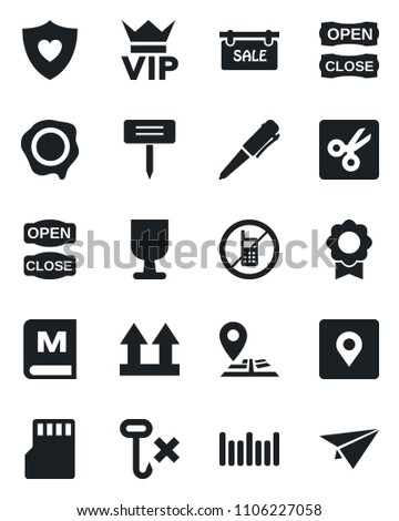 Set of vector isolated black icon - no mobile vector, vip, pen, stamp, plant label, heart shield, navigation, fragile, up side sign, hook, barcode, sd, cut, place tag, sertificate, sale, menu