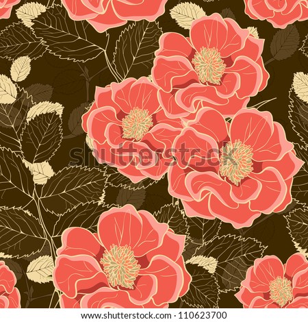 Floral Wallpaper with hand-drawn calm pink flowers on brown seamless background with leaves