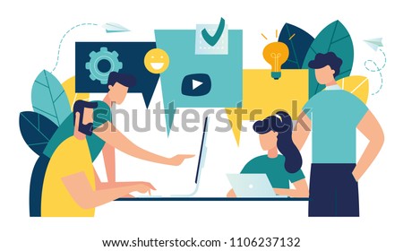 Vector illustration, flat style, businessmen discuss social network, news,  vector, social networks, chat, dialogue speech bubbles, new projects Royalty-Free Stock Photo #1106237132