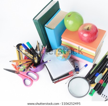top view.a variety of school supplies on a white background .photo with copy space