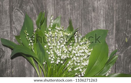 lily of the valley on a grunge rough wooden background postcard template