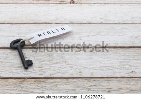 Key and Keyring with the Word Wealth over white Wooden Table