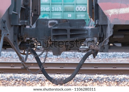 connection railroad train cars, close-up, freight transport