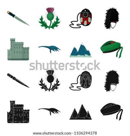 Edinburgh Castle, Loch Ness Monster, Grampian Mountains, national cap balmoral,tam o shanter. Scotland set collection icons in black,cartoon style vector symbol stock illustration web.