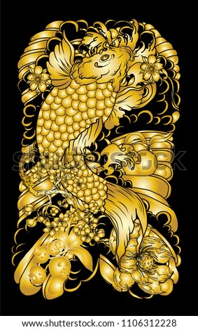 Gold color,Hand drawn and coloring book koi fish.Traditional Japanese carp with poppy flower and peach blossom on water splash background.Koi fish tattoo design.