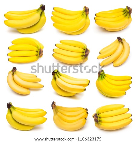 Bananas bunches collection isolated on white background. Tropical yellow fruit. Flat lay, top view