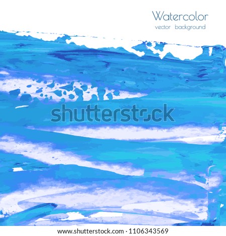 Vector turquoise blue, indigo watercolor texture background, dry brush stains, strokes, spots isolated on white. Abstract marble frame, place for text or logo. Acrylic hand painted pours, fluid art.