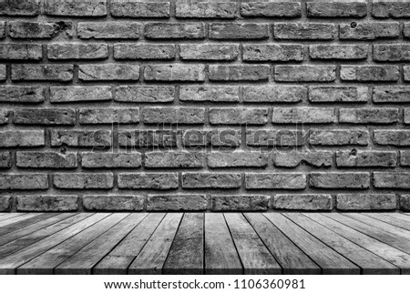 Old wood plank with abstract old brick wall background for product display 