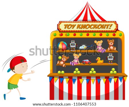 Boy playing toy knockout at carnival illustration