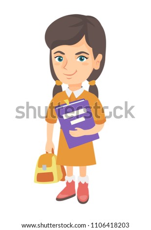 Caucasian pupil with backpack and tutorial. Full length of smiling happy pupil holding textbook and backpack in hands. Vector sketch cartoon illustration isolated on white background.