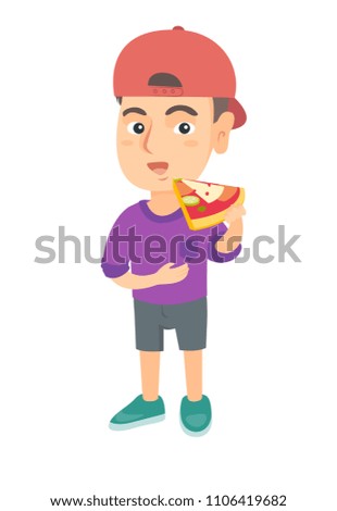 Cheerful caucasian boy eating tasty pizza. Full length of little boy holding a piece of pizza in hand and stroking his belly. Vector sketch cartoon illustration isolated on white background