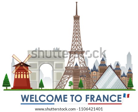Welcome to france landmarks illustration