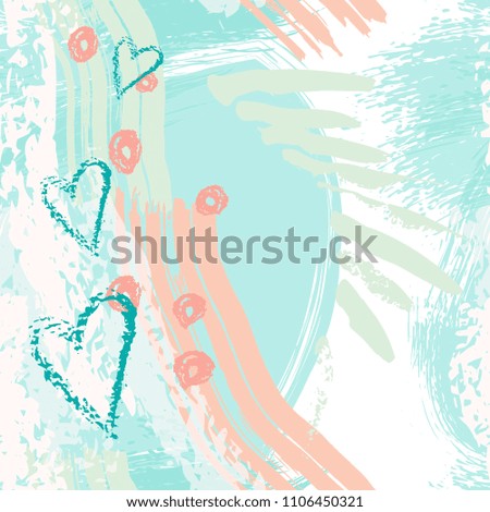 Splash Brush strokes watercolor seamless pattern. Brushed crayon Abstract Background. Chalk hearts, blobs and daubs, blots and blotches. Endlessly repeating dabs, smear, circles. Vector illustration.