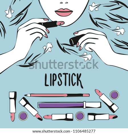 Women's hands and lips with lipstick. Vector illustration, hand drawing on blue background with flowers.