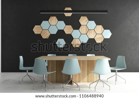 Modern meeting room interior with daylight, furniture and decorative pattern. 3D Rendering 