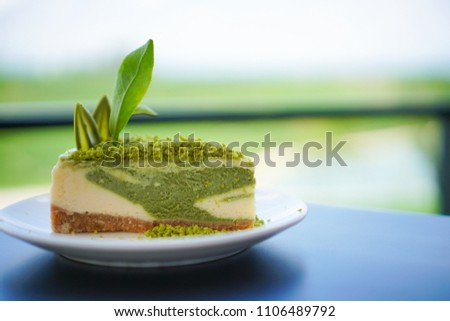Green tea cheese cake dessert on white dish. Copy space. tea plantation Background.