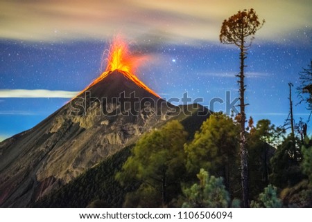 Volcan Fuego eruption, night picture, Guatemala, 2018