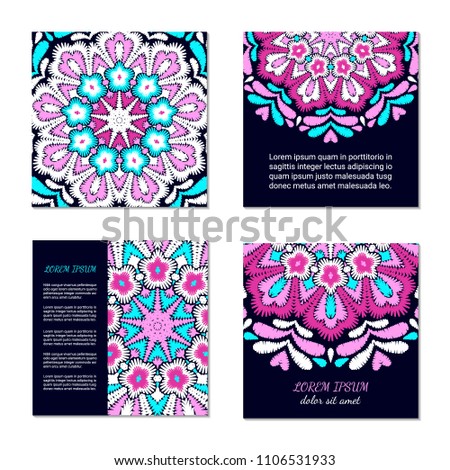 Embroidery style colorful mandala square card set. Bright floral ornamental vintage blanks. EPS 10 ethnic design vector backgrounds. Clipping masks.