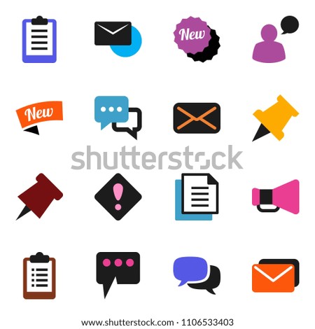 solid vector ixon set - paper pin vector, clipboard, document, loudspeaker, dialog, speaking man, mail, message, attention sign, new