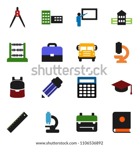 solid vector ixon set - graduate hat vector, pencil, school building, blackboard, ruler, drawing compass, case, backpack, bus, abacus, calculator, microscope, catalog