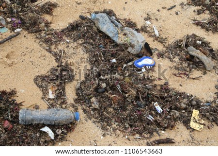 sand of the beach covered with trash and plastics