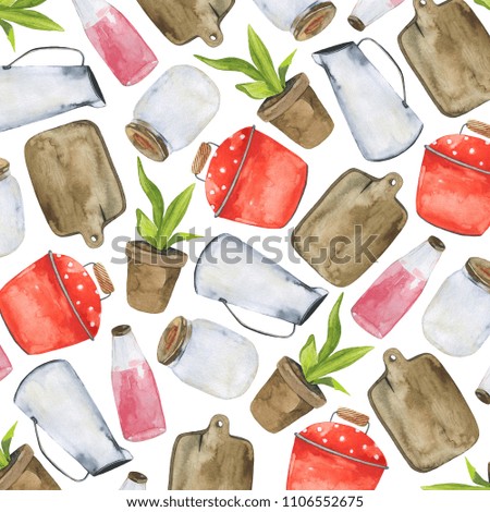 Watercolor background with cutting board, cooking pot, metal and glass jars, flower pot isolated on white background