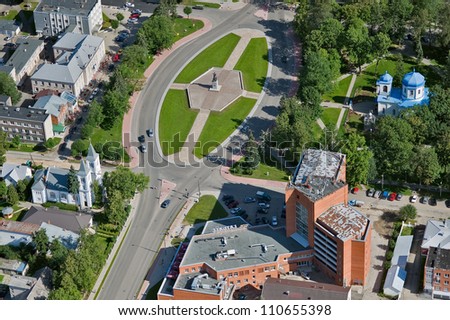aerial view over the city center and monument