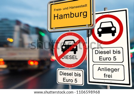 Diesel driving ban in Hamburg - city sign Hamburg with the additional sign diesel driving ban up to Euro 5 - open for residents
