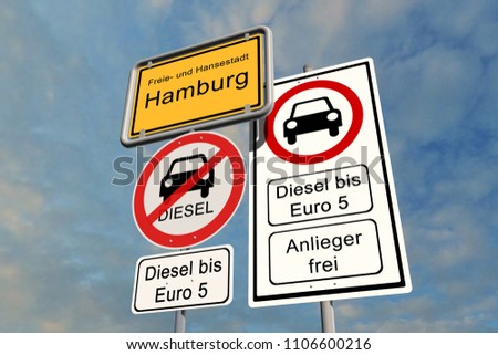 
Diesel driving ban in Hamburg - city sign Hamburg with the additional sign diesel driving ban up to Euro 5 - open for residents