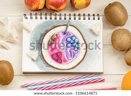 a bright coconut hand-drawn illustration made with markers decorated with fruits and coconut pieces on white rustic background