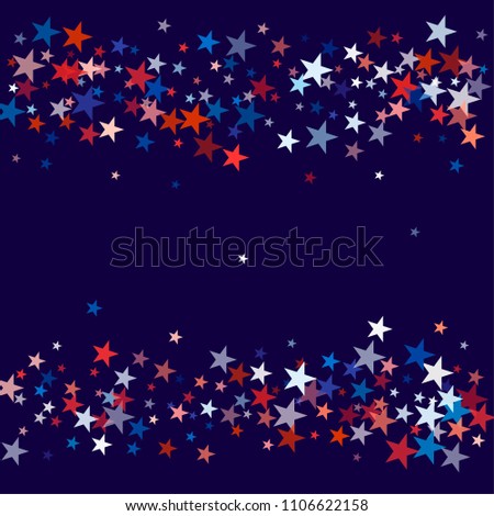 patriotic american stars confetti. USA Presidents day banner background. backdrop Vector Illustration, Blue and Red 4th of July Stars sparkles isolated on white.