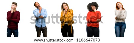 Group of cool people, woman and man thinking and looking up expressing doubt and wonder Royalty-Free Stock Photo #1106647073