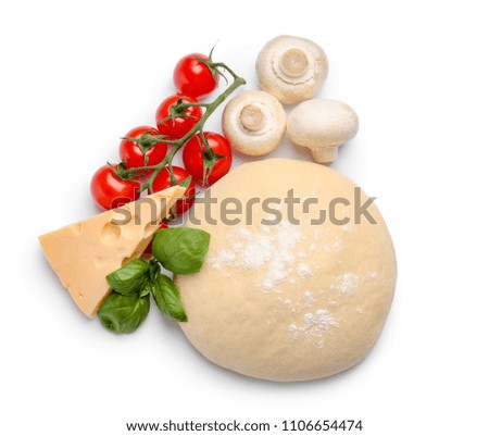 Ingredients for tasty pizza on white background, top view