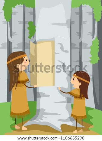 Illustration of Stickman Native American Girls Taking Bark off a Birch Tree