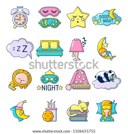 Sleeping icons set. Cartoon illustration of 16 sleeping icons for web