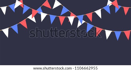 Seamless garland with triangle celebration flags chain, white, blue, red pennons on dark background, footer and banner