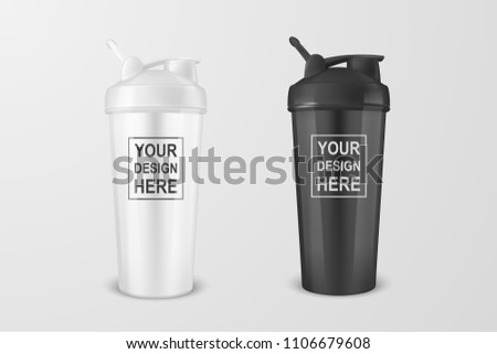 Vector realistic 3d white and black empty glossy metal shaker for sports nutrition icon set closeup on white background. Design template of packaging mockup for graphics. Front view Royalty-Free Stock Photo #1106679608