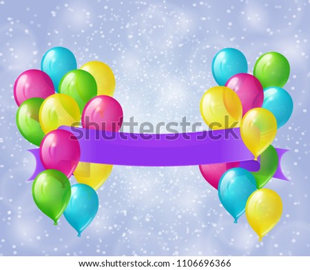 Colored balloons with purple banner on shiny abstract background