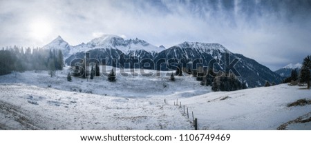 Winter landscape panorama mountain range in Switzerland. Taken nearby Latsch (Bergün). High resolution, 42 megapixels. Royalty-Free Stock Photo #1106749469