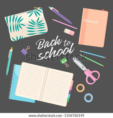 Flat vector pastel-colored school supplies illustration set