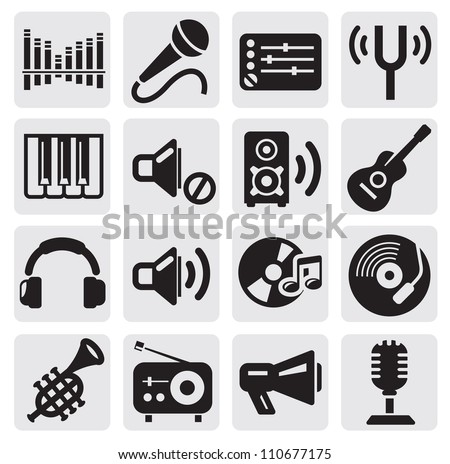 vector black music icons set on gray