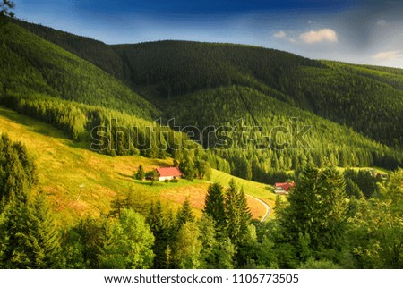 Valley in czech national park  Giant mountain- Krkonose. The town with a lot of wooden huts in Spindleruv Mlyn. Czech nature is beautiful.