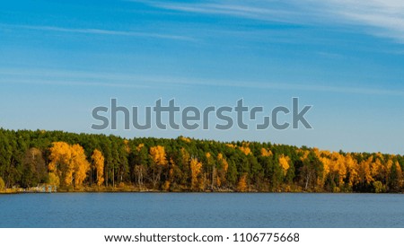 Panorama of the lake with autumn mixed forest on the sides in the sunny day
