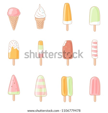 Ice cream set. Collection of 12 vector hand drawn illustrations isolated on white.