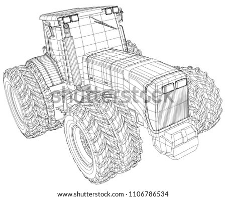 Vector wheeled tractor isolated on white background. Side view. Tracing illustration of 3d. EPS 10 vector format.