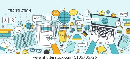 Horizontal banner with hands typing on laptop keyboard and writing on paper. Work of linguist or translator, translation of foreign languages. Colorful vector illustration in modern line art style. Royalty-Free Stock Photo #1106786726