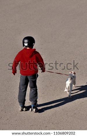 boy and their dog in skates in circuit    